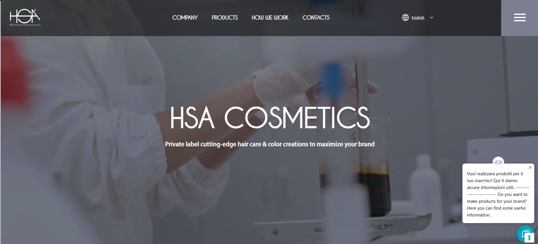 HSA Cosmetics homepage featuring laboratory scene and private label hair care tagline.